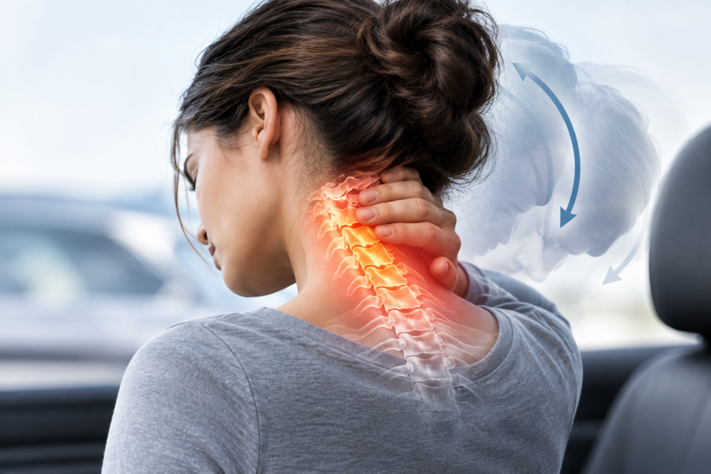 Woman holding her neck after whiplash